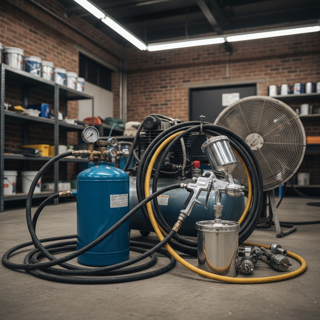 equipamentos para pintura industrial como tanque de pressão,pistola de pintura e mangueiras